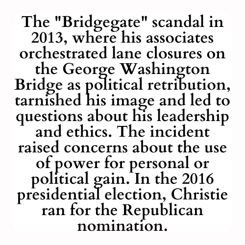 The Bridgegate scandal in 2013, where his associates orchestrated lane closures on the George Washington Bridge as political retribution, tarnished his image and led to questions about his leadership and ethics. The incident raised concerns about the use of power for personal or political gain. In the 2016 presidential election, Christie ran for the Republican nomination.