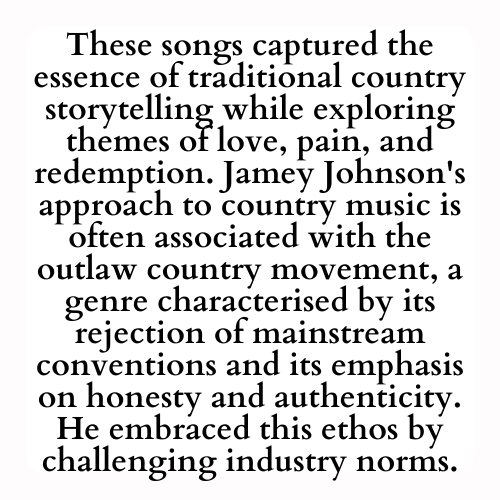 These songs captured the essence of traditional country storytelling while exploring themes of love, pain, and redemption. Jamey Johnson's approach to country music is often associated with the outlaw country movement, a genre characterised by its rejection of mainstream conventions and its emphasis on honesty and authenticity. He embraced this ethos by challenging industry norms.