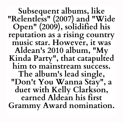 Subsequent albums, like Relentless (2007) and Wide Open (2009), solidified his reputation as a rising country music star. However, it was Aldean's 2010 album, My Kinda Party, that catapulted him to mainstream success. The album's lead single, Don't You Wanna Stay, a duet with Kelly Clarkson, earned Aldean his first Grammy Award nomination.