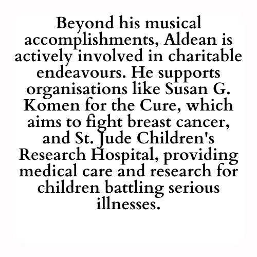 Beyond his musical accomplishments, Aldean is actively involved in charitable endeavours. He supports organisations like Susan G. Komen for the Cure, which aims to fight breast cancer, and St. Jude Children's Research Hospital, providing medical care and research for children battling serious illnesses.