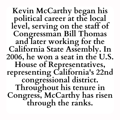 Kevin McCarthy began his political career at the local level, serving on the staff of Congressman Bill Thomas and later working for the California State Assembly. In 2006, he won a seat in the U.S. House of Representatives, representing California's 22nd congressional district. Throughout his tenure in Congress, McCarthy has risen through the ranks.