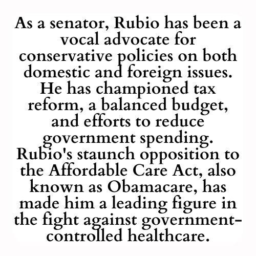 As a senator, Rubio has been a vocal advocate for conservative policies on both domestic and foreign issues. He has championed tax reform, a balanced budget, and efforts to reduce government spending. Rubio's staunch opposition to the Affordable Care Act, also known as Obamacare, has made him a leading figure in the fight against government-controlled healthcare.