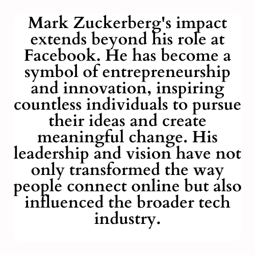 Mark Zuckerberg's impact extends beyond his role at Facebook. He has become a symbol of entrepreneurship and innovation, inspiring countless individuals to pursue their ideas and create meaningful change. His leadership and vision have not only transformed the way people connect online but also influenced the broader tech industry.
